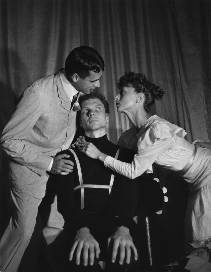 William Shrauger, Merce Cunningham, and Elaine de Kooning in the Black Mountain College production of The Ruse of the Medusa (translated by M.C. Richards)