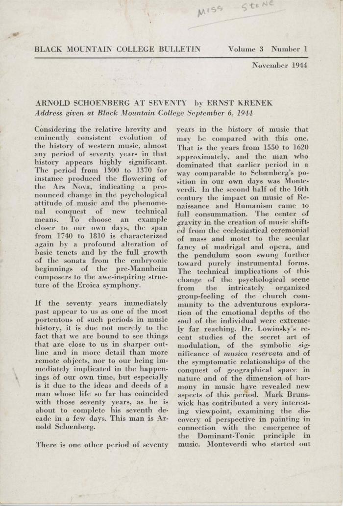 Black Mountain College Bulletin, Volume 3, Number 1: Arnold Schoenberg at Seventy