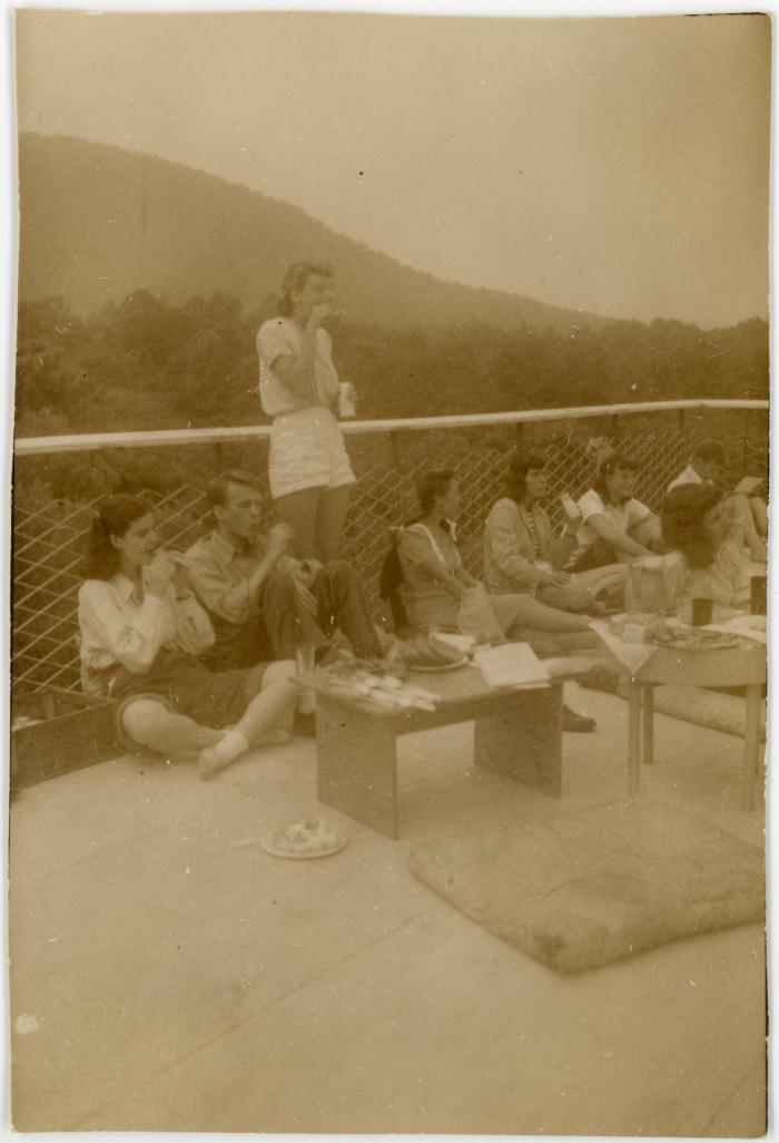 Students on deck of Studies Building: Ellen Callmann, Stan Ogorzalek, Rita Weiss, Peggy Watkins, Martha Vahrenkamp, Peter Nemenyi