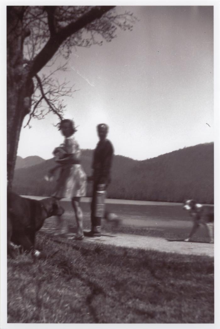 A couple with dogs walking on pathway next to Lake Eden