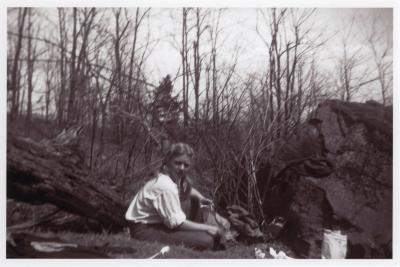 Sue Schauffler Albright in the woods at Lake Eden