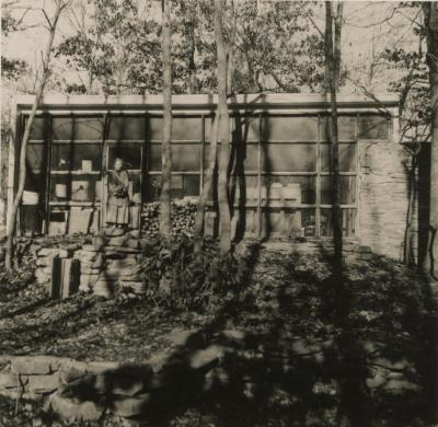 Mary Fitton Fiore in front of the Minimum House at BMC