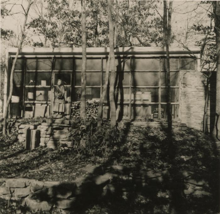 Mary Fitton Fiore in front of the Minimum House at BMC