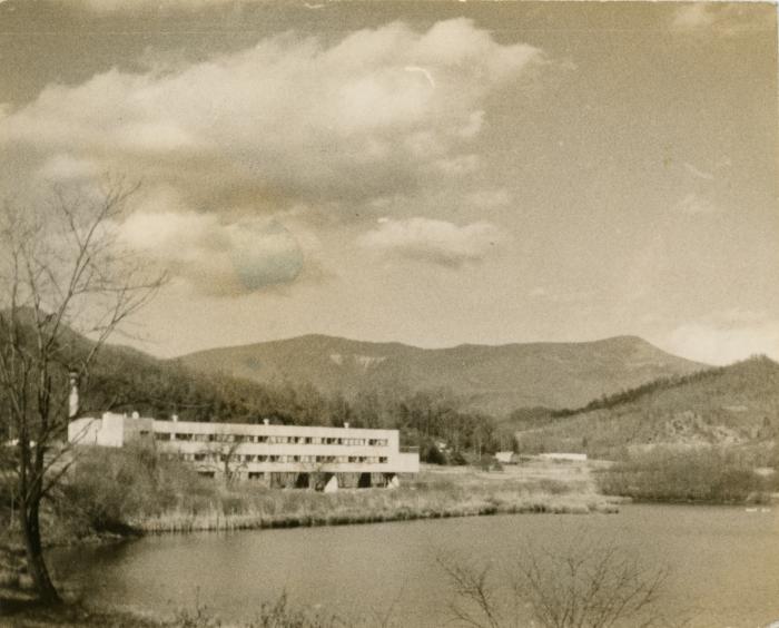 View of the Studies Building across Lake Eden