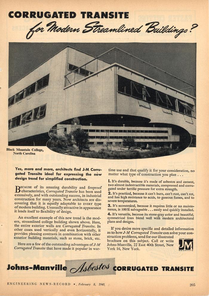 Magazine advertisement <em>Corrguated Transite for Modern Streamlined Buildings?</em> from <em>Engineering News Record</em> featuring the Studies Building