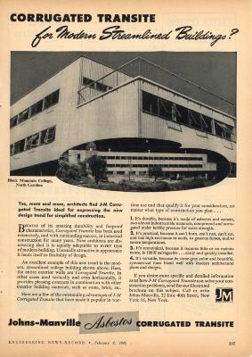 Magazine advertisement <em>Corrguated Transite for Modern Streamlined Buildings?</em> from <em>Engineering News Record</em> featuring the Studies Building