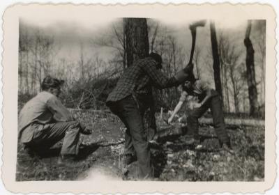 Students and/or faculty chopping down a tree at the Lake Eden campus