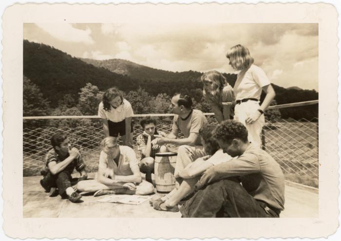 Lawrence Kocher's architecture class on the sun porch of the Studies Building with students Tommy Brooks, Edward "Dick" Wyke, Elizabeth "Betty" Kelley, Gisella Jeanette Kronenberg, Raymond "Roman" Maciejczyk, Renate Benfey, Miriam "Mimi" French Batchelor, and Alexandra Weekes