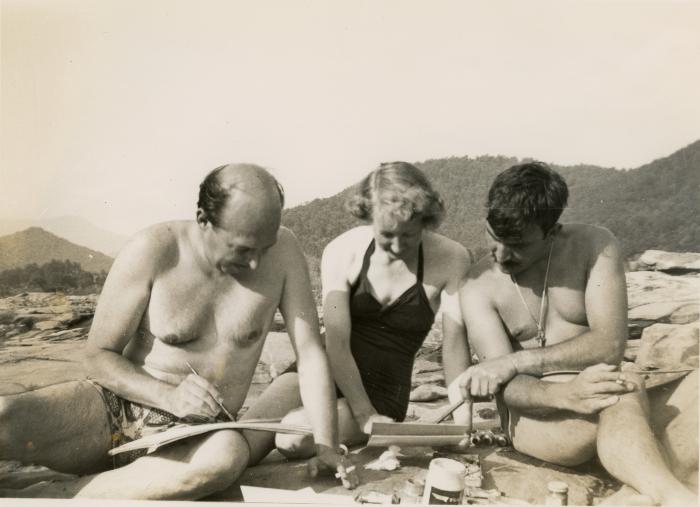 Clement Greenberg, Theodoros Stamos, and an unidentified person in Black Mountain