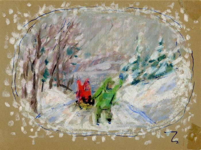 Untitled [Sledding in the snow]