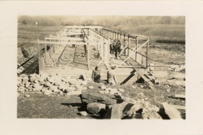 Students and faculty during the construction of the Studies Building